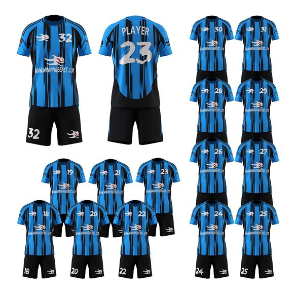 Picture of Lot of 15 Unisex Soccer Apparel (Jersey and Shorts) Custom Made for You in Any Ten Sizes with Numbers and Logo. Style 127.